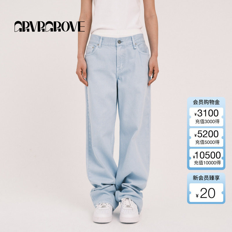 GROVE官方旗舰店女士春季新款经典迷你口袋提臀宽松直筒牛仔裤