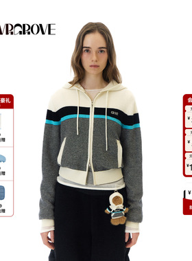 GROVE官方旗舰店 2025WT冬季新款长袖连帽毛织开衫撞色女GCW5KN03