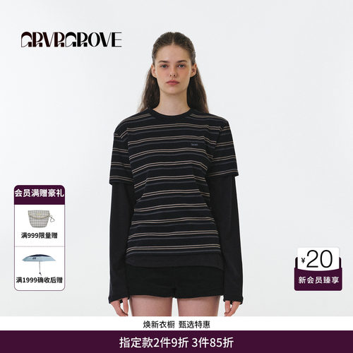 GRVR GROVE官方旗舰店 FW秋季款圆领短袖T恤条纹撞色女 GF5TS01C