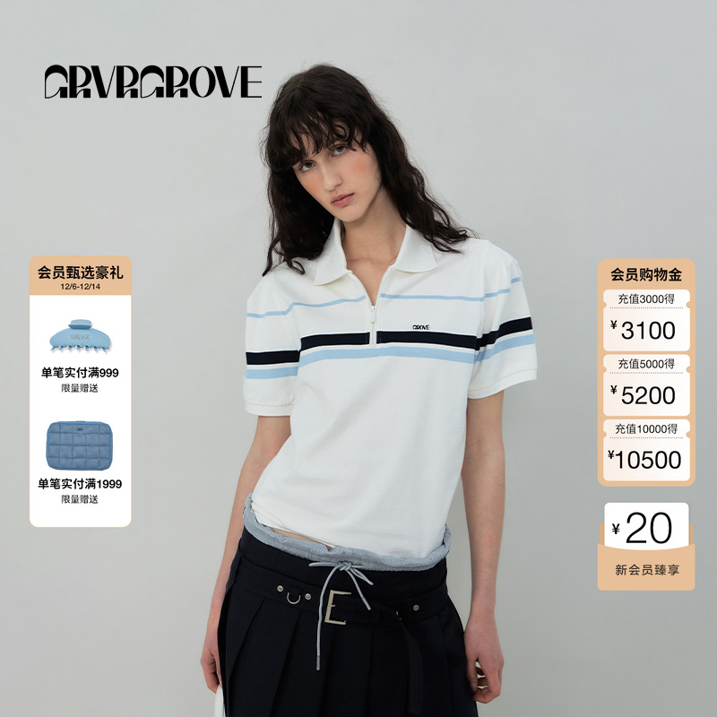 【博主同款】GROVE2025春夏新款女士条纹短袖POLO衫t恤GR5TS02C