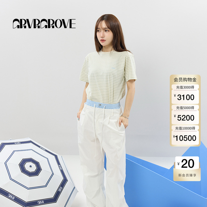 GROVE官方旗舰店女士2025SS春夏新款条纹圆领短袖T恤 GCM5TS01