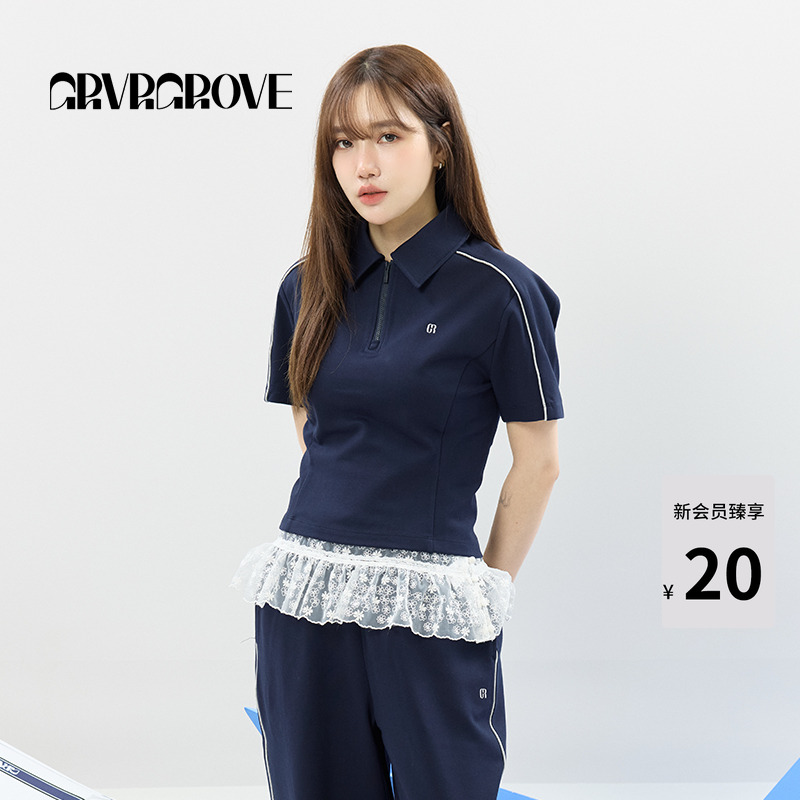 GROVE官方旗舰店2025SS春夏新款女士半拉链短袖POLO衫t恤GCM5TS02