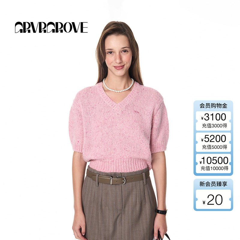 GROVE官方旗舰店女士秋季新款纯色圆领短袖毛织套头衫百搭