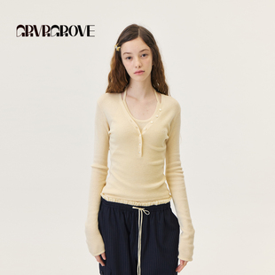 GROVE官方旗舰店2026PS春季新款长袖T恤V领打底衫 GP26KNE12