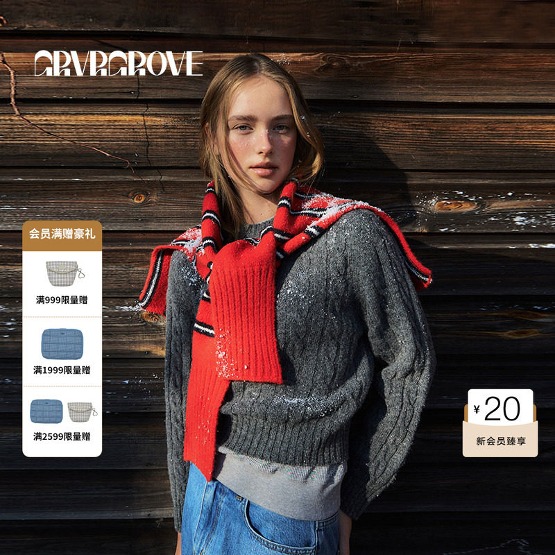 GROVE官方旗舰店冬日限定圆领毛织套头羊毛衣女纯色韩系麻花上衣