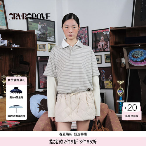 【博主同款】GROVE WT冬季款假两件长袖T恤条纹女GCW5TS05