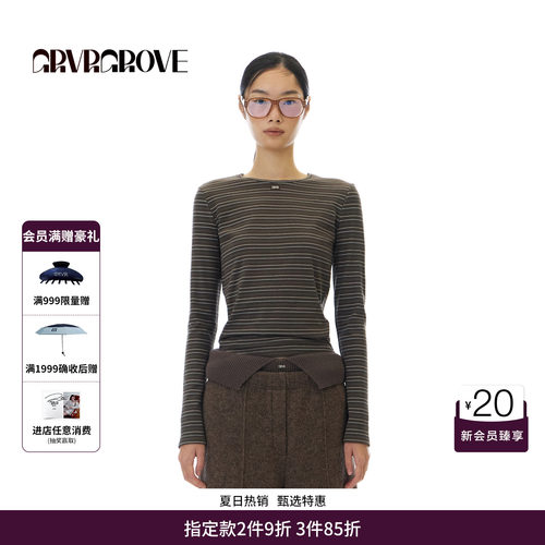 GRVR GROVE官方旗舰店 2025WT冬季款长袖圆领T恤条纹女 GCW5TS02