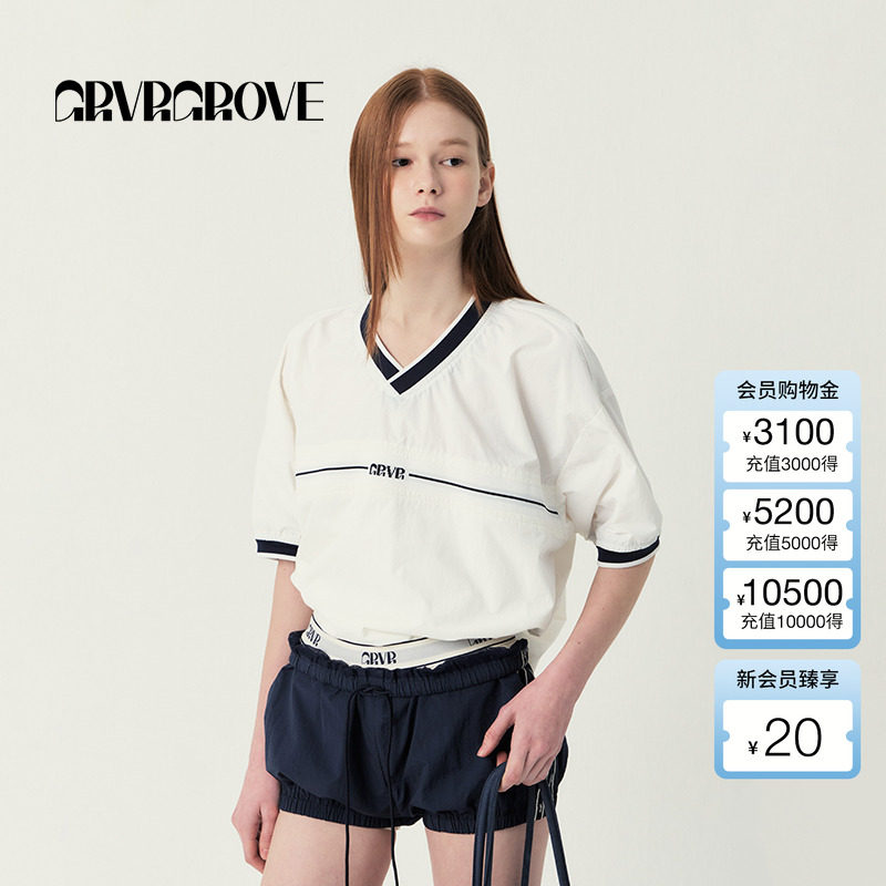 GROVE官方旗舰店2025SS春夏新款女士V领梭织短袖套头t恤GS5TS10M