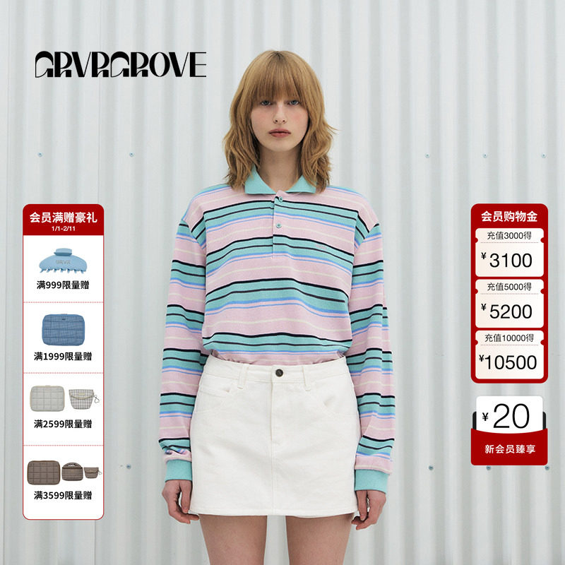 GROVE官方旗舰店明星同款2025春季新款长袖条纹polo衫女GS5TS03M,女装/女士精品,POLO衫,淘宝优惠券,粉丝福利购,淘宝优惠卷