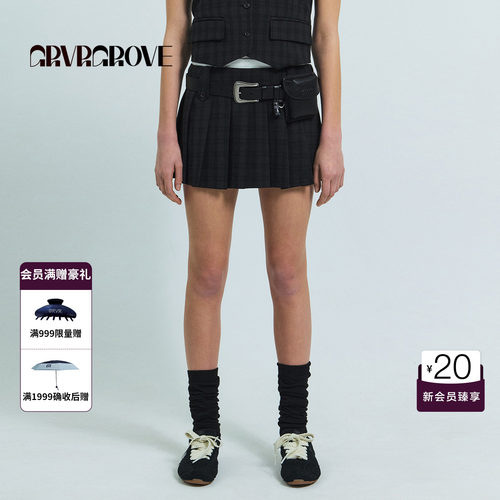 GRVR GROVE官方旗舰店26SS春夏双袢百褶格纹短裙韩系女GS26SKC04