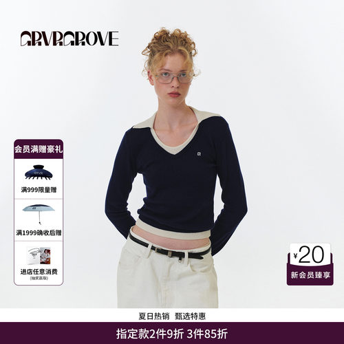 GRVR GROVE官方旗舰店FW秋季款假两件撞色毛织长袖女款GF5KN05C