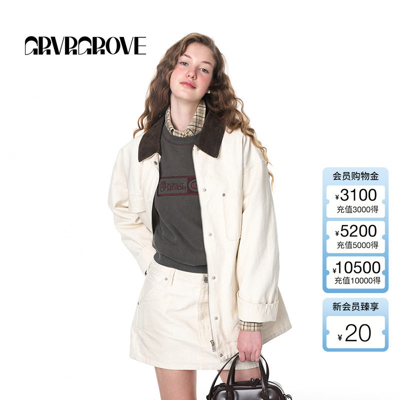 GROVE官方旗舰店女秋季水洗做旧牛仔工装夹克学院风外套GF4J