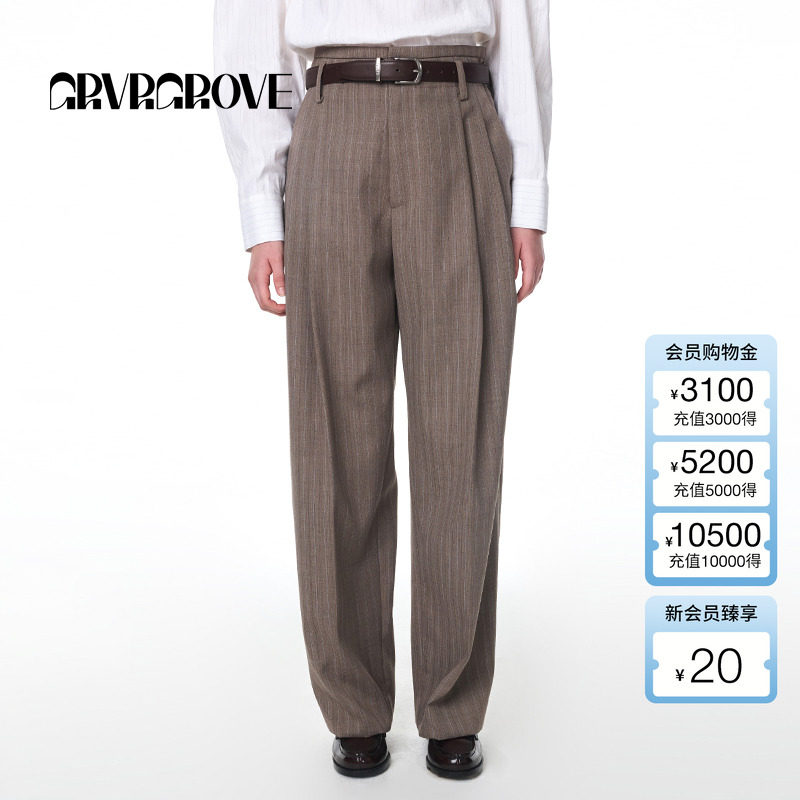 GROVE官方旗舰店秋季新款女士复古竖条纹西装休闲梭织长裤通勤