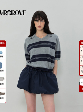 GROVE官方旗舰店2025SS春夏新款女条纹针织短袖宽松舒适GR5KN02C