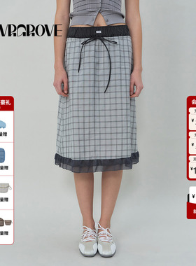 GROVE官方旗舰店2025SS春夏新款女士暗格纹梭织长半裙 GS5SK08M