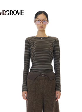 GROVE官方旗舰店 2025WT冬季款长袖圆领T恤条纹上装女 GCW5TS02