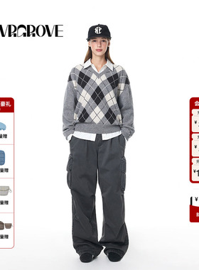 GROVE官方旗舰店秋季女长袖学院风菱格纹撞色套头羊毛衫 GF4KN07J