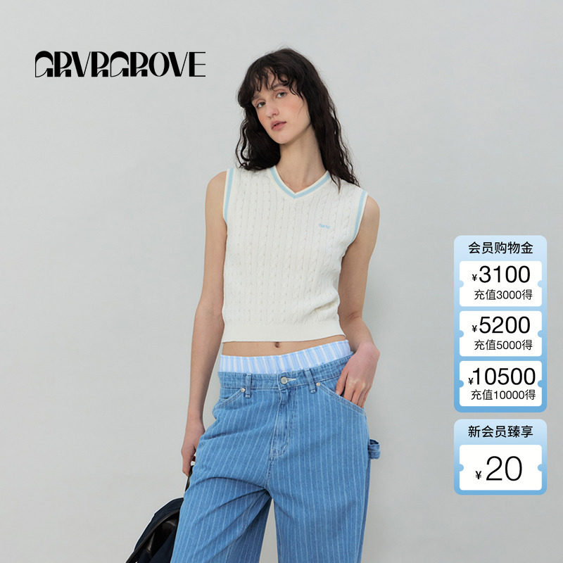 GROVE官方旗舰店2025SS春夏新款女士V领针织衫无袖背心GR5KN03C