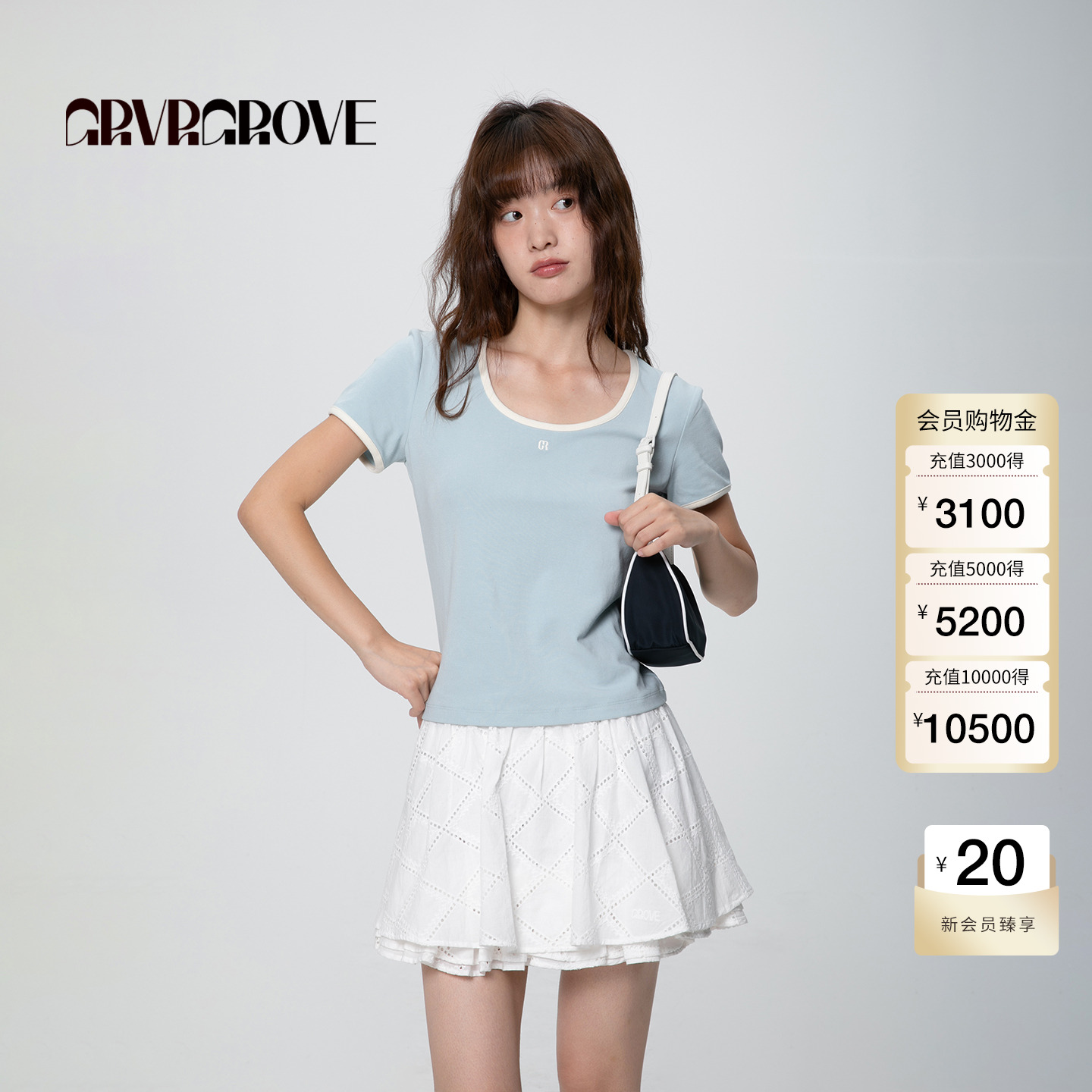 【博主同款】GROVE2025春夏新款女撞色大圆领修身短袖t恤GCM5TS07