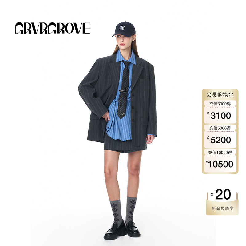 GROVE官方旗舰店女秋季新款宽松竖格纹口袋复古西装外套通勤百搭