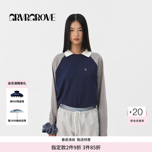 GROVE官方旗舰店女士PS春季款明星同款翻领长袖T恤GS5TS15M