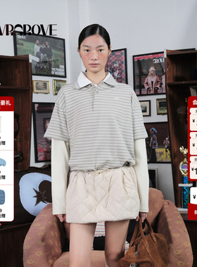 【博主同款】GROVE 2025WT冬季新款假两件长袖T恤条纹女GCW5TS05
