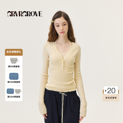 GROVE官方旗舰店2026PS春季新款长袖T恤V领打底衫 GP26KNE12