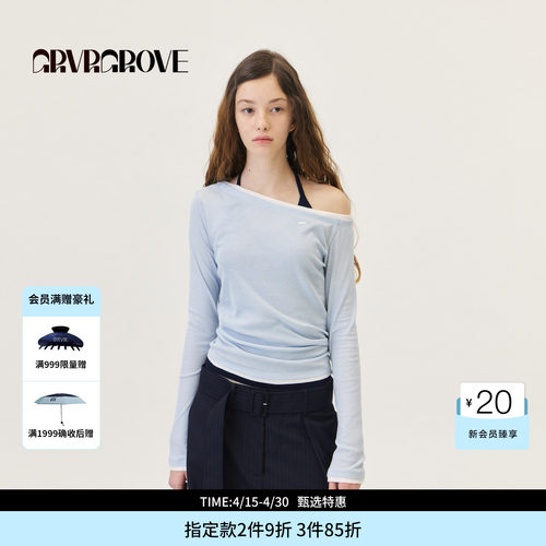 GROVE官方旗舰店2026PS春季新款假两件长袖T恤斜肩撞色GP26TSC30