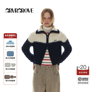 GROVE官方旗舰店冬季款女拼色短款毛衣开衫拉链外套韩系复古风