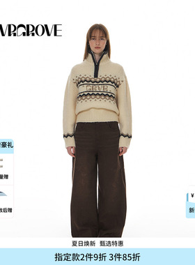 GROVE官方旗舰店女冬季款半开领毛织套头撞色翻领长袖 GW4KN03M