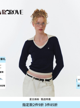 GROVE官方旗舰店FW秋季款假两件撞色毛织长袖女款GF5KN05C