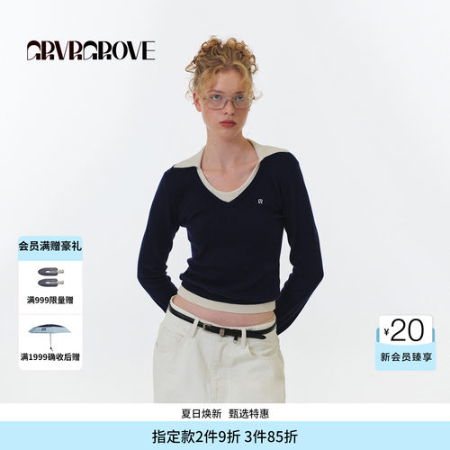 GROVE官方旗舰店FW秋季款假两件撞色毛织长袖女款GF5KN05C