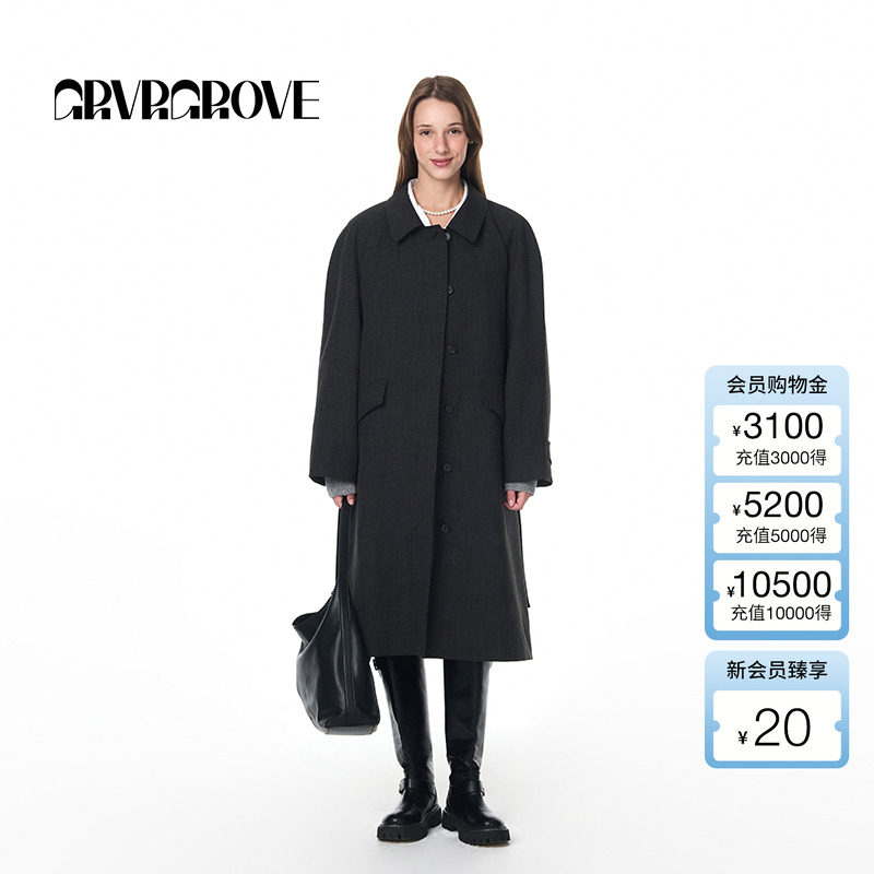 GROVE官方旗舰店女秋款新款宽松系带翻领长款风衣外套休闲通勤