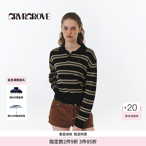 【博主同款】GROVE FW秋季款翻领条纹毛织长袖女款GF5KN07C