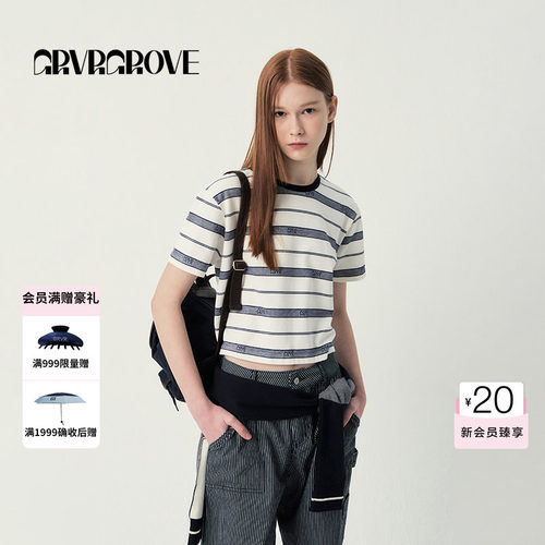 GROVE官方旗舰店SS春夏款女士条纹GRVR圆领短袖t恤GR5TS04C
