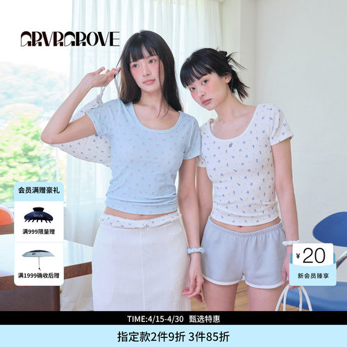 GROVE官方旗舰店BS夏季款女碎花短袖圆领韩系t恤BM5TS02M