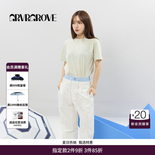 GRVR GROVE官方旗舰店女士SS春夏款条纹圆领短袖T恤 GCM5TS01