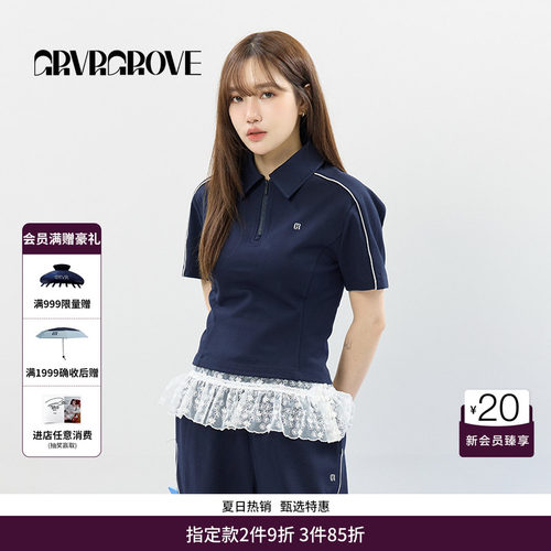 GRVR GROVE官方旗舰店SS春夏款女士半拉链短袖polo衫t恤GCM5TS02