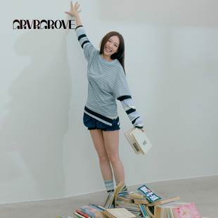 【林娜琏同款】GROVE 2026PS春季新款短袖T恤条纹拼色 GP26TSC21