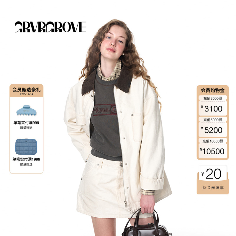 GROVE官方旗舰店女秋季水洗做旧牛仔工装夹克学院风外套GF4JK02M