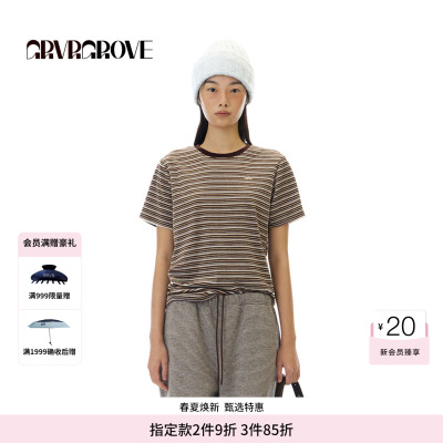 GROVE官方旗舰店 WT冬季款条纹短袖T恤圆领韩系女 GCW5TS01