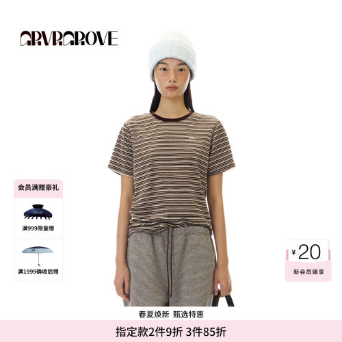 GROVE官方旗舰店 WT冬季款条纹短袖T恤圆领韩系女 GCW5TS01