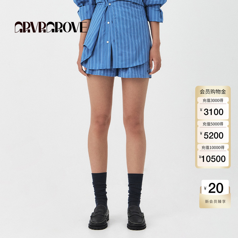GROVE官方旗舰店2025PS春季新款女士条纹梭织松紧短裤GS5PT11M