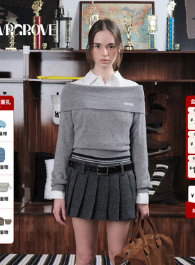 GROVE官方旗舰店 2025WT冬季新款翻领毛织套头一字领上衣GCW5KN13