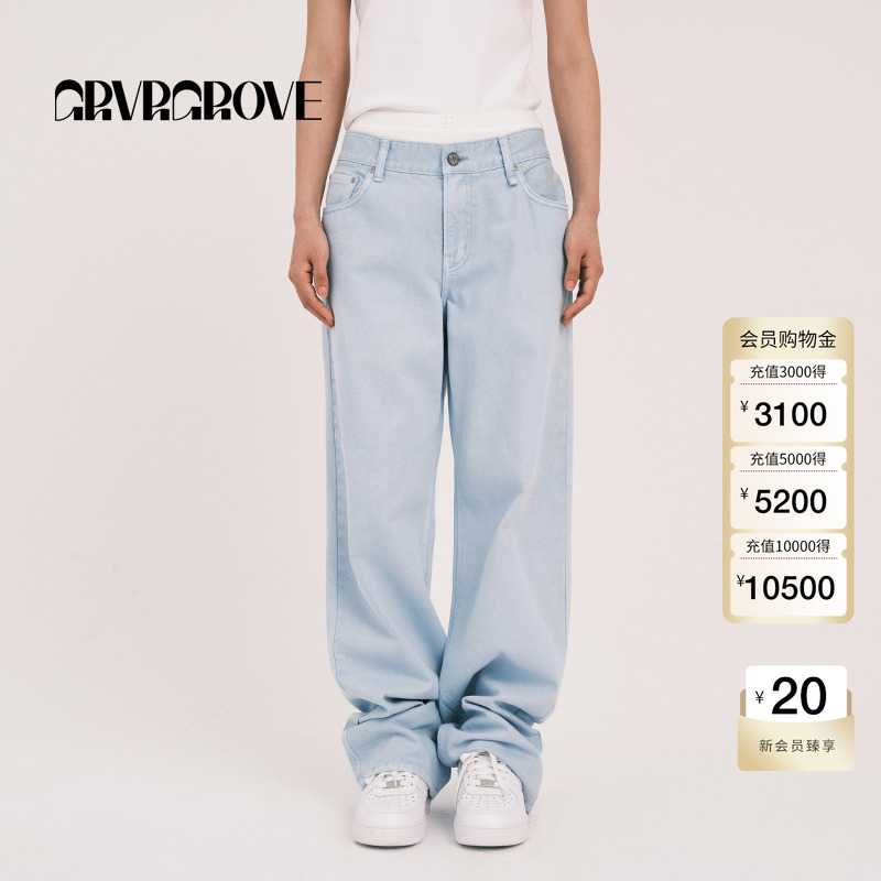 GROVE官方旗舰店女士春季新款经典迷你口袋提臀宽松直筒牛仔裤