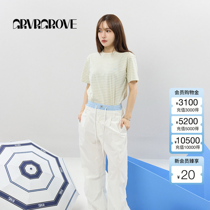 GROVE官方旗舰店女士2025SS春夏新款条纹圆领短袖T恤 GCM5TS01