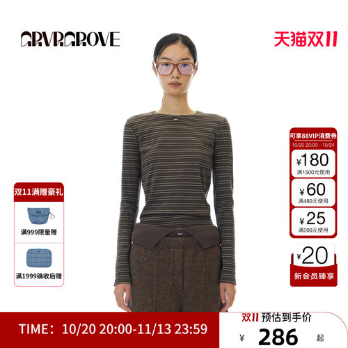 GRVR GROVE官方旗舰店 2025WT冬季款长袖圆领T恤条纹女 GCW5TS02