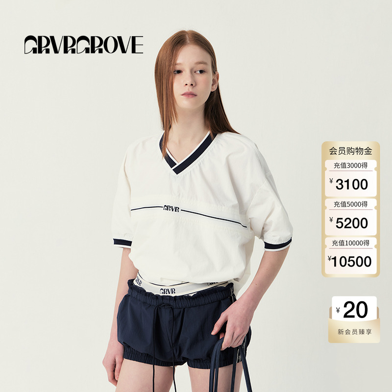 GROVE官方旗舰店2025SS春夏新款女士V领梭织短袖套头t恤GS5TS10M