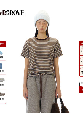 GROVE官方旗舰店 2025WT冬季新款条纹短袖T恤圆领韩系女 GCW5TS01