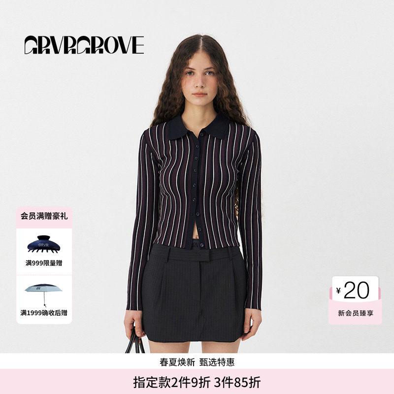 GROVE官方旗舰店PS春季款明星同款条纹针织开衫女GS5KN1